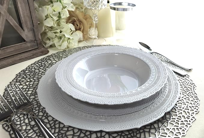 " OCCASIONS " 80 Plates Pack,(40 Guests) Extra Heavyweight Vintage Wedding Disposable/Reusable Plastic Plates 40 x11'' Dinner +40 x 8.25'' Salad/Dessert Plate (Chatesau Light Gray)