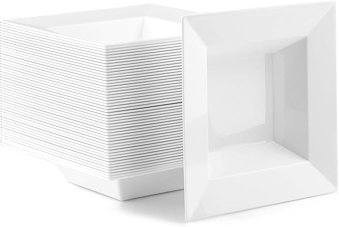 Ilyapa 50 Pack 12 ounce White Plastic Bowls, Heavy Duty Disposable White Square Bowl, Plastic 12oz for Soup, Dessert, Wedding & Party Brunch Accessories