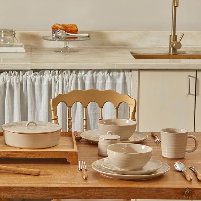 Bico Light Beige 24oz Stoneware Cereal Bowls Set, Set of 4, Microwave and Dishwasher Safe, for Cereal, Soup, Noodles