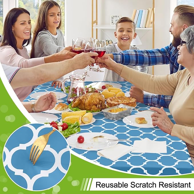 Smiry Round Plastic Table Cloth, Waterproof Vinyl Tablecloth with Flannel Backing for Round Tables, Wipeable Spillproof Tablecloths for Dining, Camping, Indoor and Outdoor (60" Round, Light Blue)