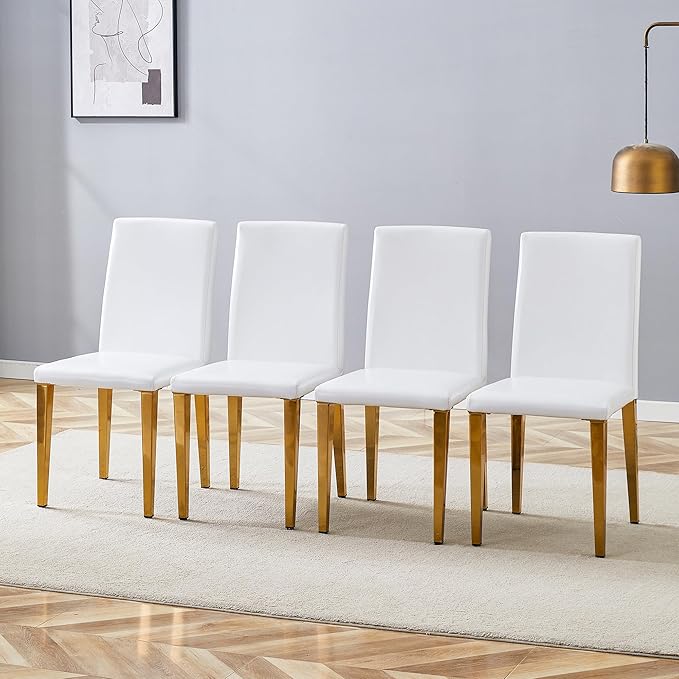 White Dining Chairs Set of 8,Faux Leather with Gold Metal Legs,Armless Kitchen Room Chairs Set of 8,Max Load 300 Lbs,High Back Modern Design for Home Kitchen Living Room Bedroom