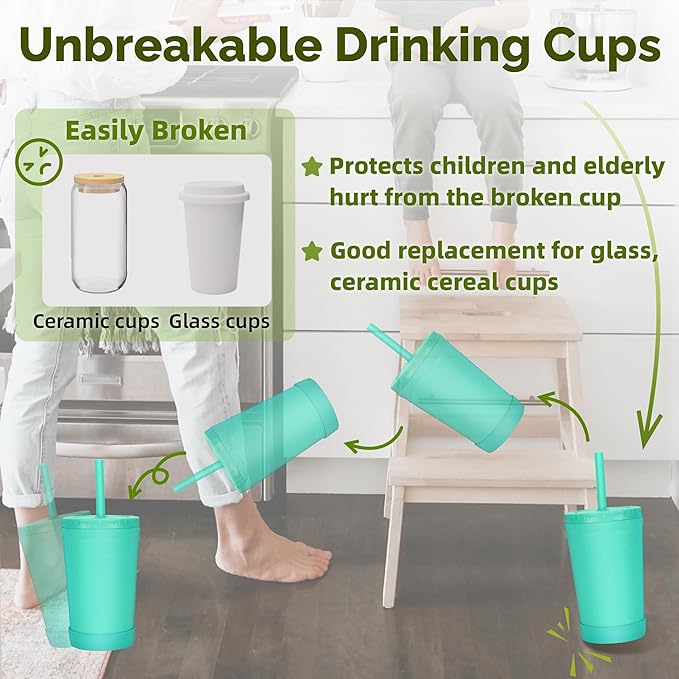 Homestockplus 10 Oz Wheat Straw Reusable Cups with Lids & Silicone Straws | Anti-slip Kids & Family Safe Drinking Cup for Milk, Juice, Smoothies | Dishwasher Microwave Safe -Easy Clean For Daily use