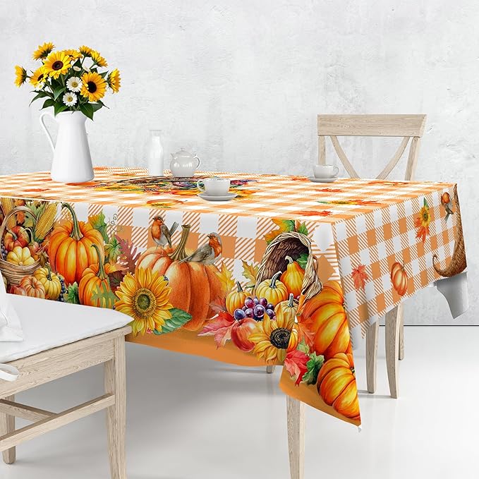 Thanksgiving Tablecloth Rectangle 60 x 120 Inch, Turkey Pumpkins Table Cloth Holiday Indoor Decor for Dining Room Party