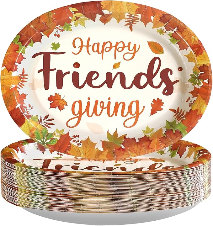50Pcs Fall Oval Paper Plates 10" x 12" Large Disposable Heavy Duty Friendsgiving Maple Leaf Paper Platters Autumn Give Thanks Dessert Plates for Friendsgiving Thanksgiving Harvest Party Supplies