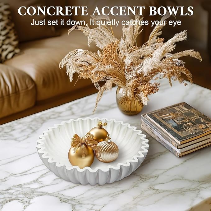 MAONAME Concrete Decorative Bowl, White Fruit Bowl for Kitchen Counter, Modern Handicraft Coffee Table Key Bowls, Large Scalloped Ruffle Bowls for Entryway, Home Decor