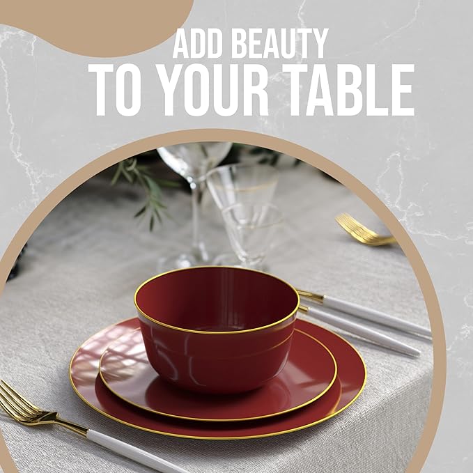 Trendables Plastic Bowls Disposable Bowls 24 Oz Bowl Set Of 50 Burgundy Gold Rimmed Fancy Plastic Serving Dishes Perfect for Parties and Events Disposable Candy Bowl