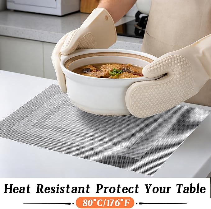 Timeet Gray Placemats Set of 6, Heat Resistant Non-Slip Place Mats, Durable Washable PVC Vinyl Woven Table Mats, Wipeable Placemats for Dining Table Easy to Clean