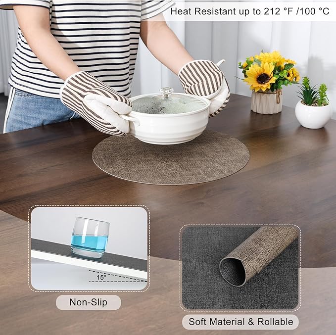 Myir JUN Round Placemats, Dual Sided Faux Leather Place Mats Set of 4 Indoor/Outdoor Non-Slip Washable Table Mats (Gray Brown, Set of 4)