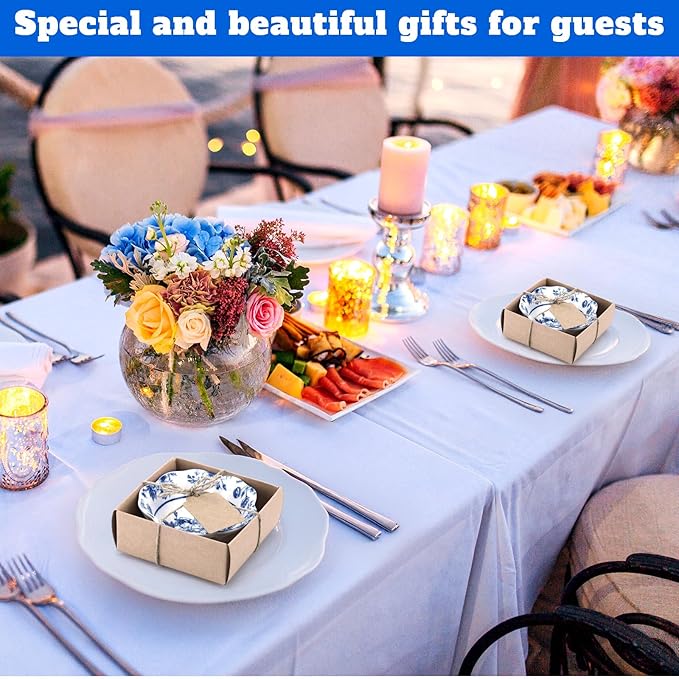 12 Pcs Wedding Favors for Guests Small Ceramic Bowl Bulk Gifts Set 3.3 Inch Floral Design Mini Dipping Sauce Dish with Card Box for Bridal Pooja Baby Shower Birthday Guest Gift (Blue)