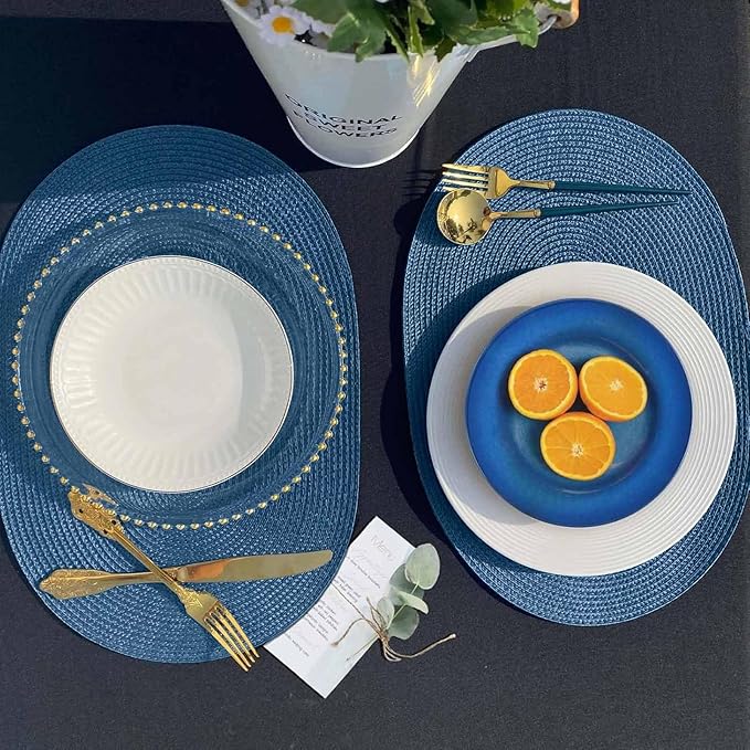 FunWheat Oval Braided Placemats Set of 8 Table Mats for Dining Tables Washable Heat Resistant Place Mats for Indoor Outdoor Use 12 x18 Inch(Oval Blue, 8pcs)