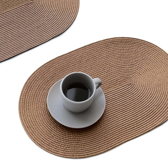 FunWheat Oval Braided Placemats Set of 6 Table Mats for Dining Tables Washable Heat Resistant Place Mats for Indoor Outdoor Use 12 x18 Inch(Oval Light Brown, 6pcs)