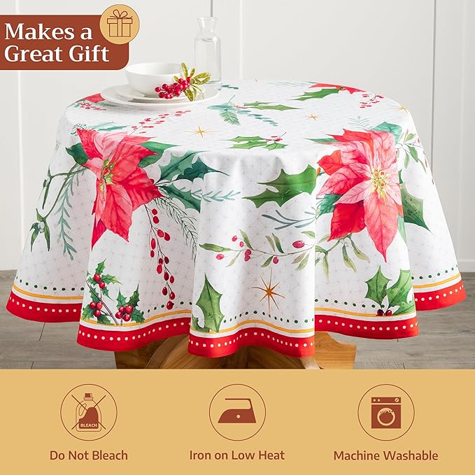 Maison d' Hermine Table Cloth Round Table 100% Cotton 69 Inches Fall Tablecloth Reusable Everyday Use for Thanksgiving Christmas Decorations Dining Farmhouse Party (Poinsettia Christmas)