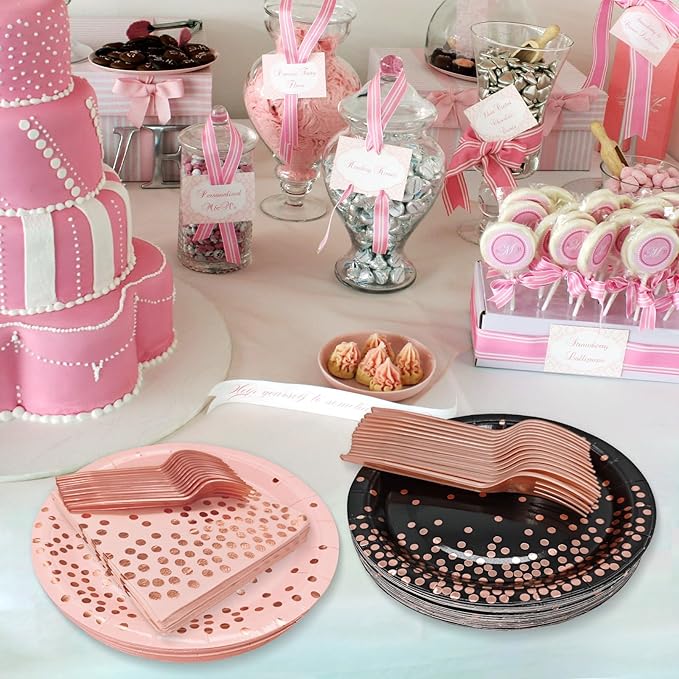 Serve 35 Guests Pink and Rose Gold Plates and Napkins Party Supplies,7 Inch Happy Birthday Pink Paper Plates Disposable for Bridal Showers Birthday Wedding
