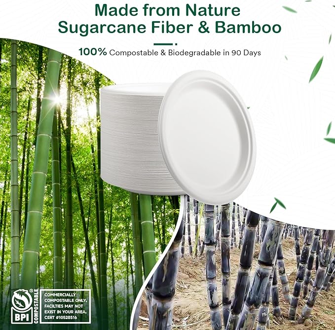 10 Inch 128 Pack Compostable Disposable Paper Plates, Large Round Dinner Plates, Heavy Duty Sugarcane Bagasse, Biodegradable Eco-Friendly for Parties & Daily Use, White