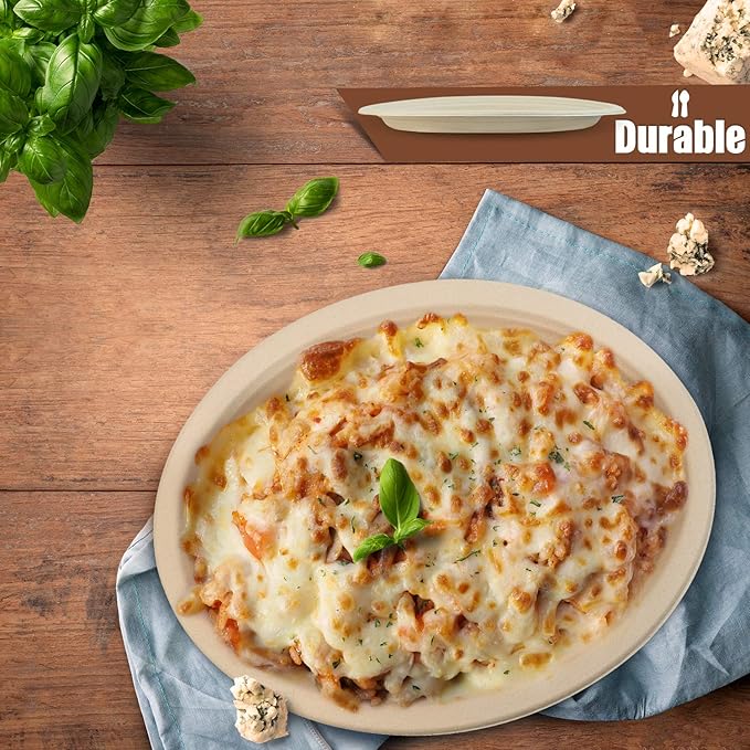 Green Earth, 12-Inch, 125-Count, Compostable Plates, Natural Bamboo Fibers, Everyday Tableware - Biodegradable Disposable Oval Shape Microwave-Safe Gluten-Free Eco-Friendly