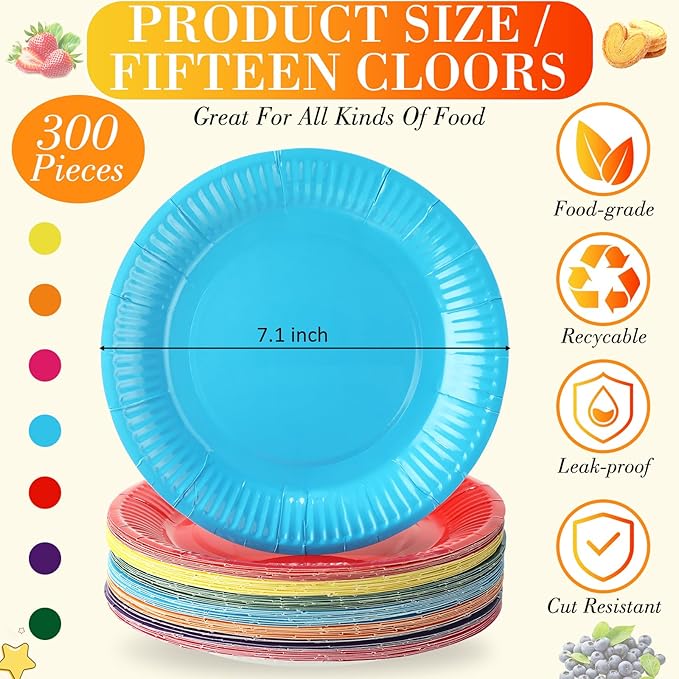 Thenshop 300 Pcs Colorful Paper Plates 7 Inch Disposable Party Plates for Dessert Cake Birthday Party Supplies(Warm Colors)