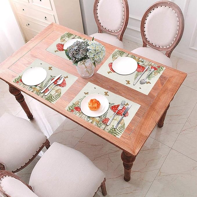 Spring Placemats 12x18 Inches Set of 4,Red Green Mushroom Leaves Decorative Rectangle Summer Seasonal Botanical Decoration Linen Table Mats for Party, Home Kitchen,Dining Table Decor