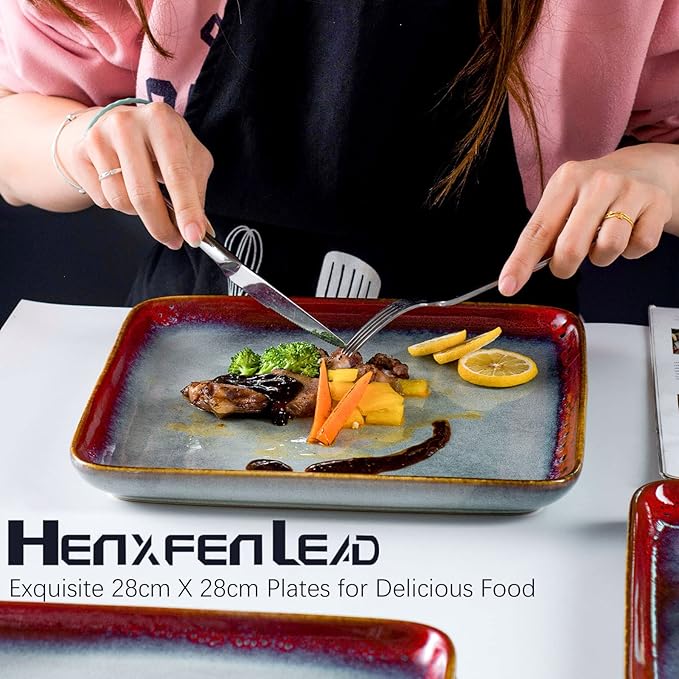 HENXFEN LEAD Square Ceramic Dinner Plates 11 Inch – Large Stoneware Serving Plates Set of 4 for Steak, Pasta & Salad, Microwave & Dishwasher Safe – Reactive Glaze Red