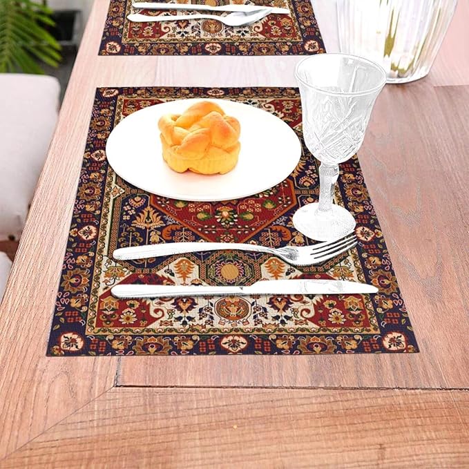 Persian Design Placemats Set of 4 Tribal Texture Boho Persian Rust Wipeable Table Mats Reusable Washable PVC Rectangle Place Mats for Kitchen Dining Home Decor 12x18 Inches