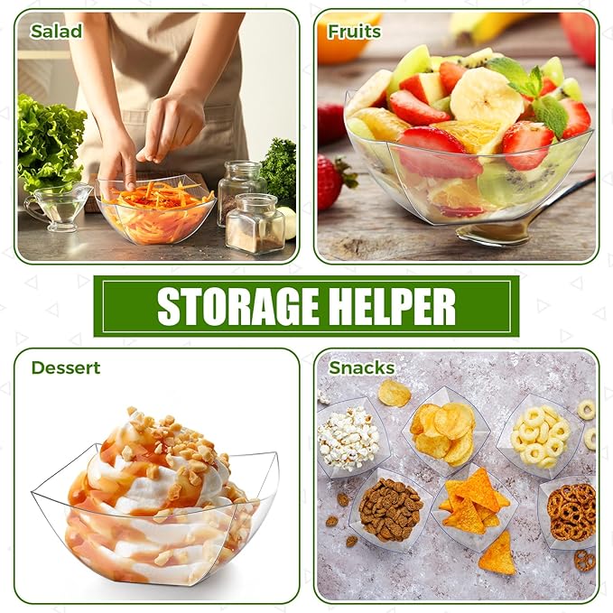 Sliner 100 Pcs Square Plastic Bowls Plastic Serving Bowls Disposable Chip Containers for Parties Snack Fruit Candy Containers for Candy Buffet Salad Bar Buffet Party Supplies(Clear,16 oz)