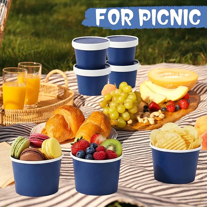 Fulmoon 100 Pack Paper Soup Containers with Lids Disposable Paper Food Containers with Vented Lid Kraft Ice Cream Cake Dessert Cups Soup Bowl for Party Hot Food Fruit Microwave(8 oz,Navy Blue)