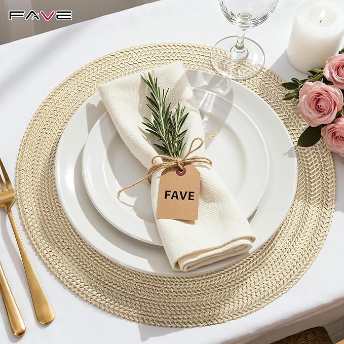 FAVE 8PCS Gold Vinyl Round Placemats, Wheat Sheaf Design 15 Inch Placemats Set of 8 Washable for Dining, Events, Banquet, Home & Daily Use (Gold Wheat,8pcs)