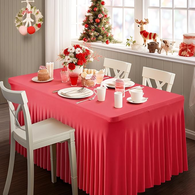 Wish Care 2 Pack Red Spandex Table Clothes for 8 Foot Rectangle Tables, 8FT Wrinkle Free Fitted Tablecloths Ruffles Design Stretch Table Cover for Party, Banquet, Wedding and Events