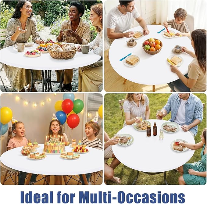 Round Spandex Tablecloth 2 Pack, Elastic Fitted Waterproof Tablecloths for 36"-44" Tables, Stretch Washable Picnic Table Cover for Camping, Dining, Indoor and Outdoor, White
