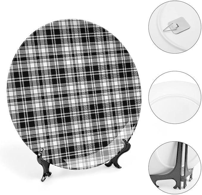 Ceramic Plates, Abstract Decor Decorative Ceramic Plates, British Tartan Stripes Pattern, 7 Inch, Household Plates Decorative, Black White