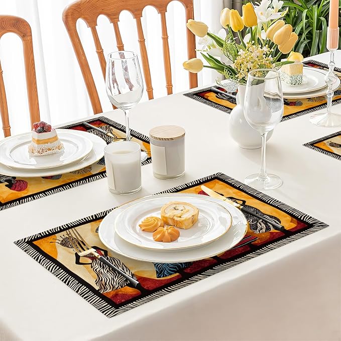 Kwanzaa Placemats Set of 6, African American Christmas Table Mats, Black Women Washable Place Mats for Coffee Bar Home Party Indoor Kitchen Dining Table Decoration 12x18 Inch