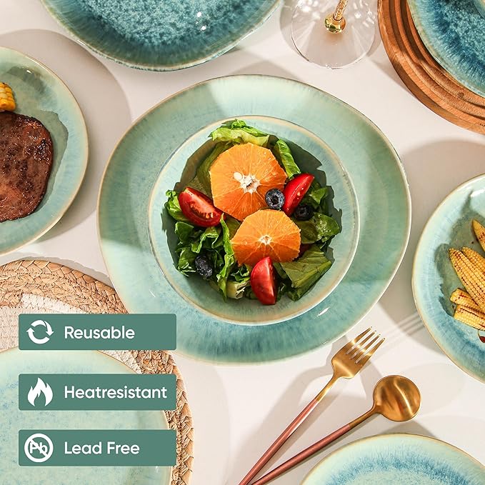 Modern Plates and Bowls Sets 12-Piece Ceramic Dinnerware Set for 4 Blue Kitchen Plates and Bowls Microwave Dishwasher and Oven Safe Stackable Tableware Dinnerware Sets for Everyday Use