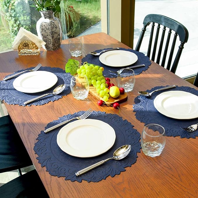 Noctiflorous Round Faux Leather 15 Inch Placemats Set of 6 Waterproof Wipeable Heat Resistant Tablemat for Dining Table Kitchen Non Slip Oilproof Table Place Mat for Indoor Outdoor(A Blue, 6)