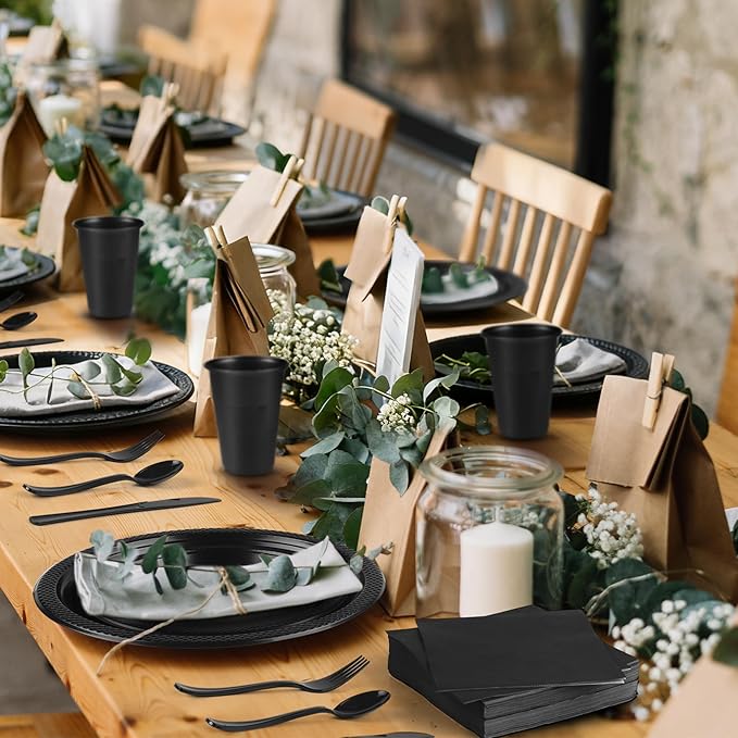 Kochorie 480 Pieces Black Plastic Dinnerware Set for 60 Guests Disposable Heavy Duty Plates Napkins Cups and Silverware Dessert Dinner Plates for Halloween Birthday Wedding Party Supplies