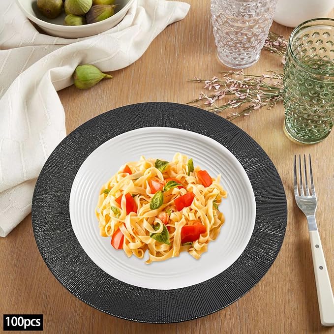 100 Pcs Antique Charger Plates Bulk, 13in Reusable Serving Plates Embossed Rim Plastic Party Dinner Plate Chargers Round Decorative Server Plate for Wedding Party Event Tableware