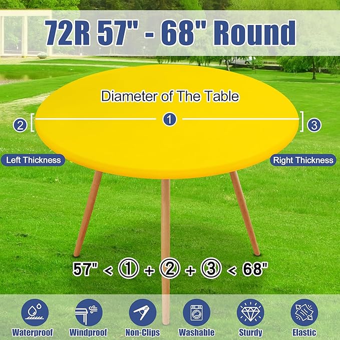 Round Spandex Tablecloth 2 Pack, Elastic Fitted Waterproof Tablecloths for 57"-68" Tables, Stretch Washable Picnic Table Cover for Camping, Dining, Indoor and Outdoor, Yellow