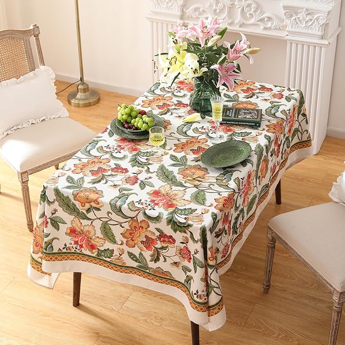 patdrea Designer Vintage Linen Rectangle Tablecloth,Provencal Rustic Floral Pattern Tablecloths,Decorative Table Cover Cloth for Kitchen,Dining Room,Tea Party,Home,Christmas,55"*87"