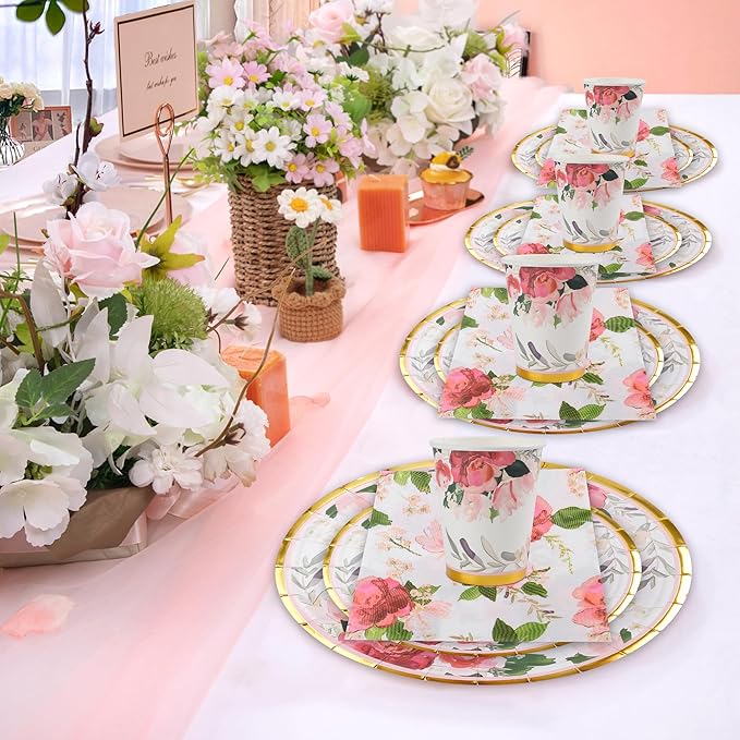 280PCS Floral Paper Plates and Napkins Party Supplies for 35 Guests Disposable Tableware with Plates Napkins Cups Cutlery Straws for Bridal Shower Birthday Party
