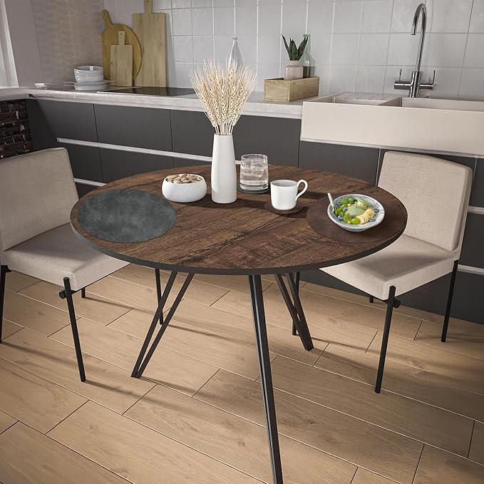 Round Placemats and Coasters Set of 8, Washable Reversible Faux Leather Placemats Cowhide Pattern Place Mats Wipeable Non-Slip 15 inch Round Kitchen Dining Table Mats (Gray Dark Coffee, 8)