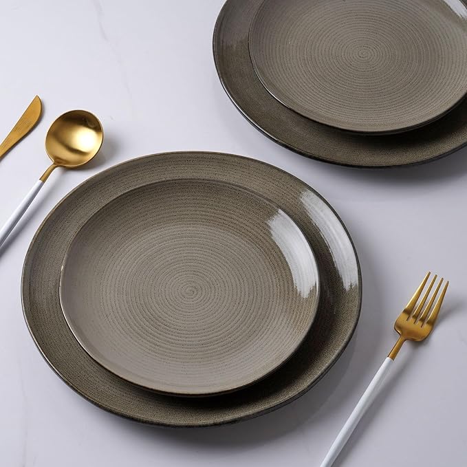 famiware Plates and Bowls Sets for 4, 12 Pieces Stoneware Dinnerware Sets, Dishes Set, Reactive Glaze Dishware Sets, Dishwasher & Microwave Safe, Tempus Series - Dark Olive