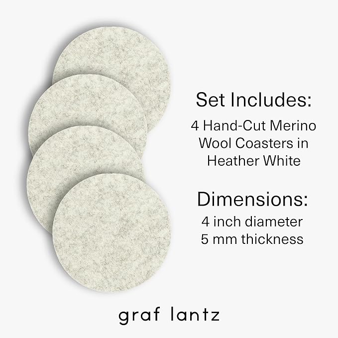 Graf Lantz - Bierfilzl Merino Wool Round Coasters Set of 4 - Heather White (4" Circles) - Absorbs 30% of Weight, German Wool - Heat Resistant, Sustainable, & Reusable - Home Decor & Coffee Table Decor