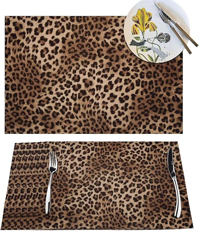 Brown Leopard Placemats Set of 4 Black Cheetah Skin Wild Animal Print Wipeable Table Mats Reusable Washable PVC Rectangle Place Mats for Kitchen Dining Home Decor 12x18 Inches