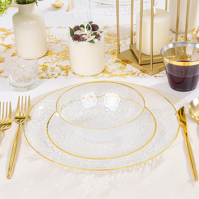 I00000 20 Pack 12 Ounce Clear Plastic Bowls Hammered Gold Rimmed, Heavy Duty Disposable Bowl Set,Elegant Ice Cream Bowls For Birthday, Wedding & Party