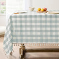 Softalker Checkered Tablecloth Rectangle, Outdoor Linen Cotton Gingham Table Cloth with Tassel, Heavy Duty Wrinkle Free Buffalo Plaid Table Cover for Kitchen Dining Home Party - 55 x 120 Inch, Aqua