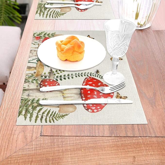 Spring Placemats 12x18 Inches Set of 4,Red Green Mushroom Leaves Decorative Rectangle Summer Seasonal Botanical Decoration Linen Table Mats for Party, Home Kitchen,Dining Table Decor