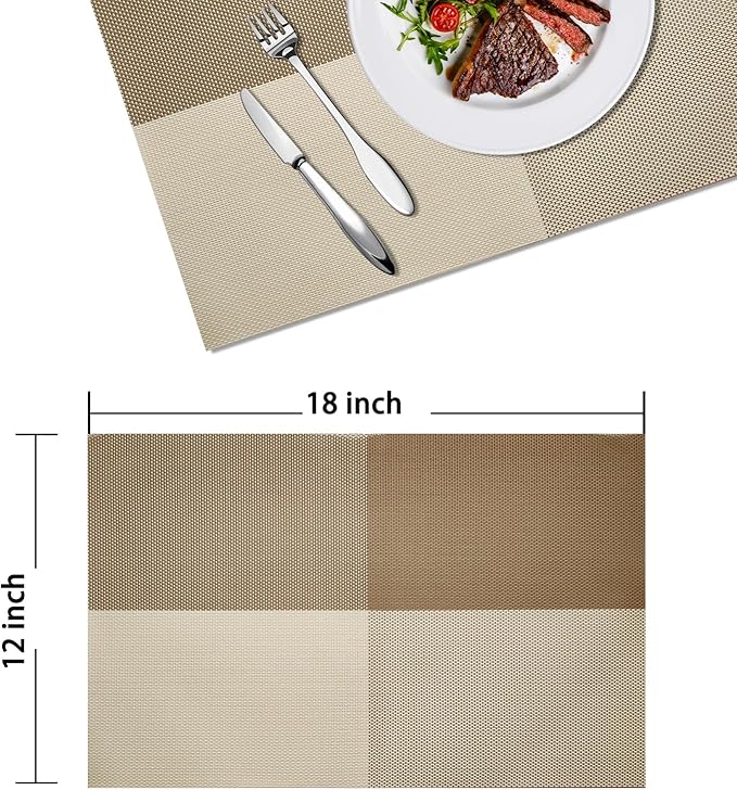 Placemats Set of 4 Vinyl Washable Coffee Square Placemats, 18"x12" Wipeable Heat-Resistant Non-Slip Easy Clean Table Mats Ideal for Dining Table Table Runner and Outdoor (4, Coffee Square)