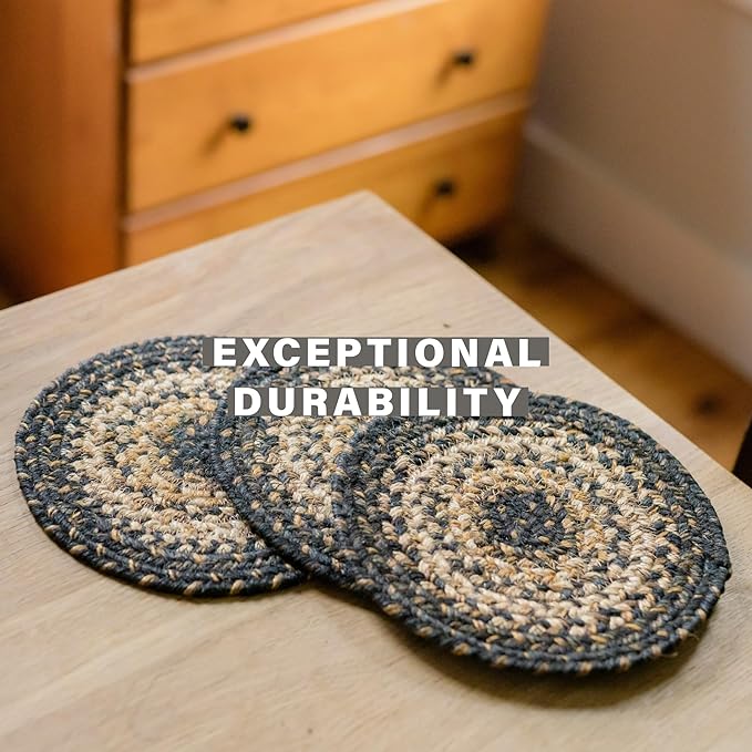 Homespice Kilimanjaro Jute Braided Trivets for Table, Warm Primitive Decor, Set of 3, Black and Tan 8" Round Heat Resistant Mats - Rich Colors, Easy to Clean, Durable and Protects Furniture