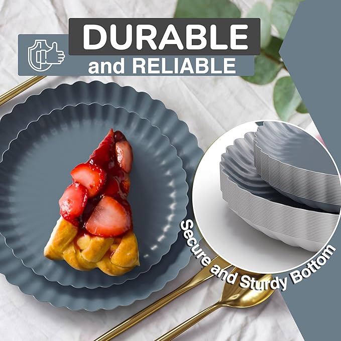 Trendables Floral Paper Plates 8.5 Inch & 10.5 Inch 80 Pcs Dinner Plate Set Fancy Disposable Plates for Party for 40 Guests 40 X 8 & 40 X 10 Large & Small Paper Plate Set for Parties Slate Blue