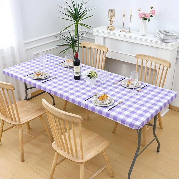 Smiry Rectangle Picnic Table Cloth, Elastic Waterproof Fitted Vinyl Tablecloths, Flannel Backed Buffalo Plaid Table Covers for Dining, Camping, Outdoor (White and Purple, 30" x 72")
