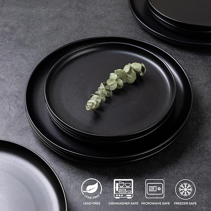 AmorArc Ceramic Dinnerware Sets, Wavy Rim Stoneware Plates and Bowls Sets,Dishwasher & Microwave & Oven Safe Dishes set, Service for 4 (12pc)-Matte Black