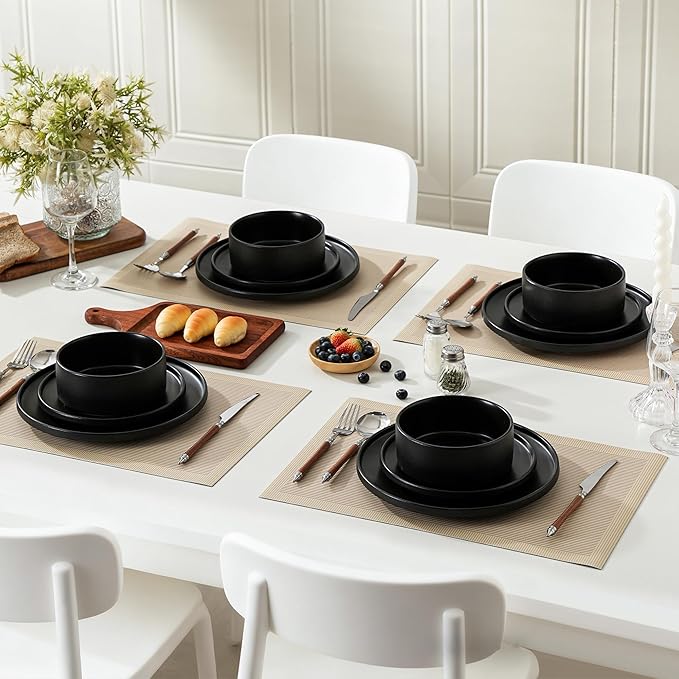12 Piece Ceramic Dinnerware Set for 4, Modern Minimalist Stoneware Dinner Plates and Bowls, Microwave Safe, Dishwasher Safe, Versatile for All Seasons, Matte Black